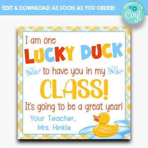 EDITIERBAR Ich bin eine glückliche Ente, um Sie in meiner Klasse zu haben Square Back To School Favor Tags | Ente Geschenkanhänger | Triff den Lehrer Leckerli Tags