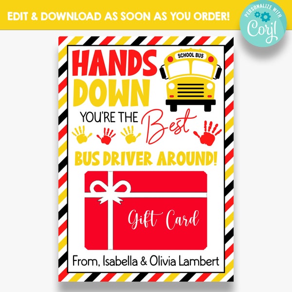 EDITABLE Hands Down You're the Best Bus Driver Around Gift Card Holder | Bus Driver Gift Tag | Bus Driver  Thank You Gift