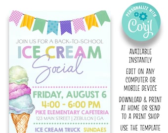 EDITABLE Ice Cream Social Flyer | Back to School Ice Cream Social Invitation | Teacher Appreciation Flyer | School Event Flyers | NL104