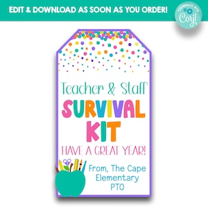 EDITABLE Pastel Teacher Survival Kit Treat Bag Tags | Staff Survival Kit Gift Tags | Printable Back to School Teacher Gift Tags