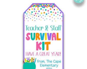 EDITIERBARE Pastell Lehrer Survival Kit Leckerli Tasche Tags | Staff Survival Kit Geschenkanhänger | Druckbare Geschenkanhänger für Schullehrer