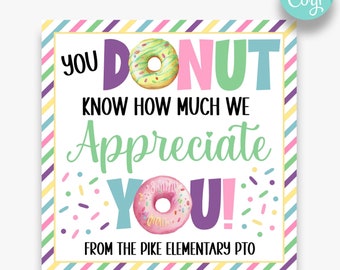 EDITABLE You Donut Know How Much We Appreciate You Gift Tags | Donut Staff Appreciation Tags | Teacher Appreciation Favor Labels