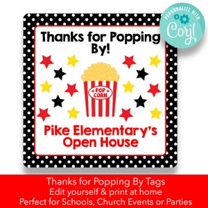 EDITABLE Square Thanks for Popping By Treat Tags | Back to School Open House Labels | Popcorn Treat Labels