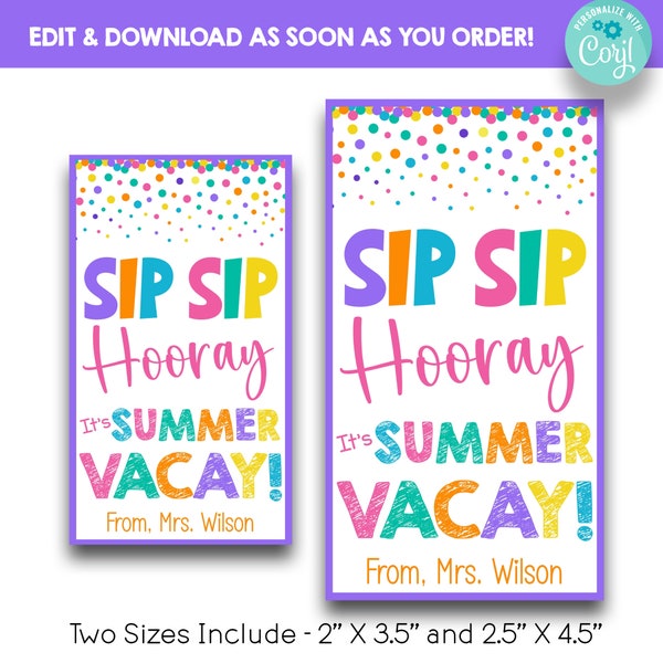 EDITABLE Pastel Sip Sip Hooray It's Summer Vacay Kid's Treat Tags | Class End of Year Favor | Juice Box Treat Tags | Straw Party Favor Tags