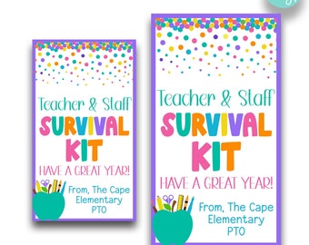 EDITIERBARE Pastell Lehrer & Mitarbeiter Survival Kit Geschenkanhänger | Zurück zu Schullehrer-Überlebenskit Leckerstich Tags | Geschenk für die Wertschätzung des Lehrers