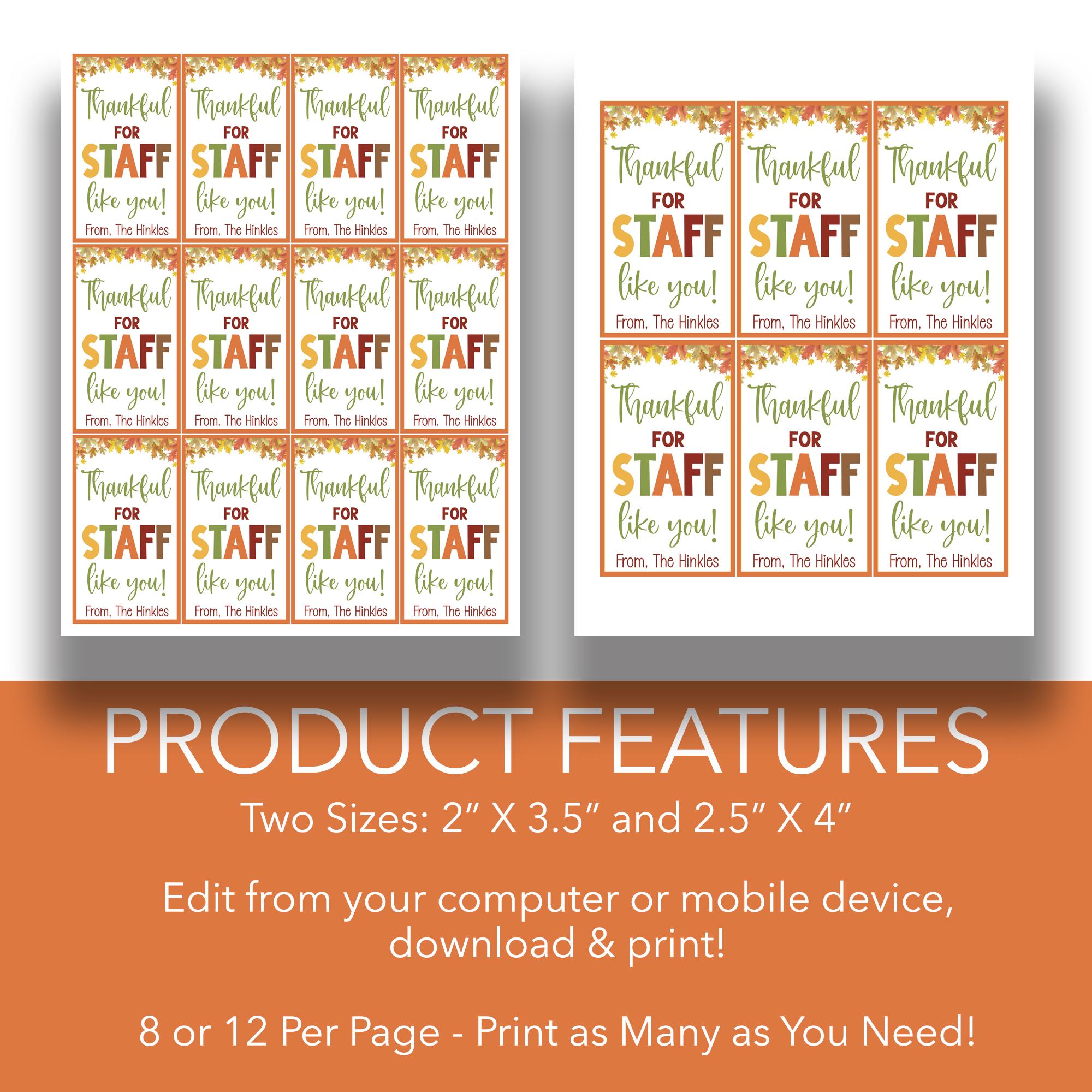 EDITABLE Fall Thankful for Staff Like You Thanksgiving Gift Tags ...