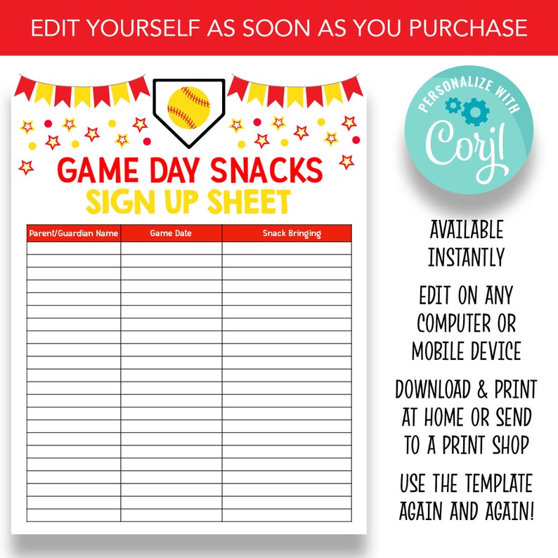EDITABLE Softball Snack Sign up Sheet Game Day Snacks Sign Etsy