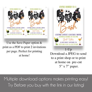 May include: Printable Halloween party invitation with a black and white illustration of a ghost, skeleton, and witch holding a cauldron. The invitation text reads "You're invited to a Boo Bash" and includes details about a costume contest, cocktails, and music. The invitation is for Saturday, October 29th at 8:00 PM at Bob & Katie's. The address is 125 My Street, Anytown, US. The text also includes a phone number to RSVP.