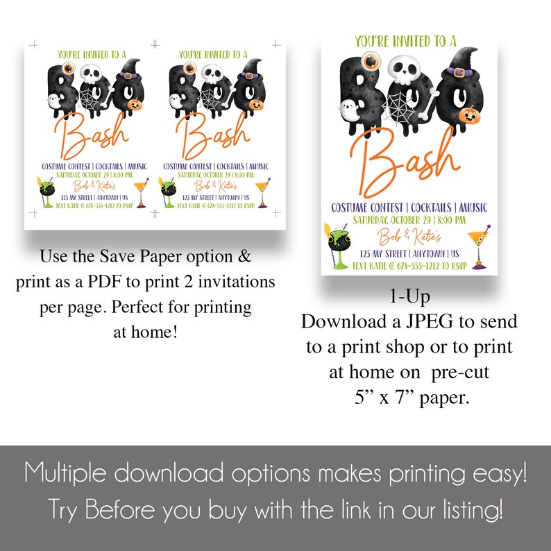 May include: Printable Halloween party invitation with a black and white illustration of a ghost, skeleton, and witch holding a cauldron. The invitation text reads "You're invited to a Boo Bash" and includes details about a costume contest, cocktails, and music. The invitation is for Saturday, October 29th at 8:00 PM at Bob & Katie's. The address is 125 My Street, Anytown, US. The text also includes a phone number to RSVP.