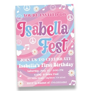 INSTANT DOWNLOAD - Editable Floral Fest Birthday Invitation | Purple Pink Blue Groovy Invite | Woodstock 60&#39;s Themed Invite | INV109
