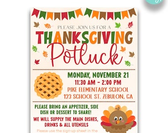 EDITABLE Thanksgiving Potluck Flyer | Thanksgiving Potluck Sign Up Sheet | Thanksgiving Luncheon Invitation | Fall Potluck Flyer