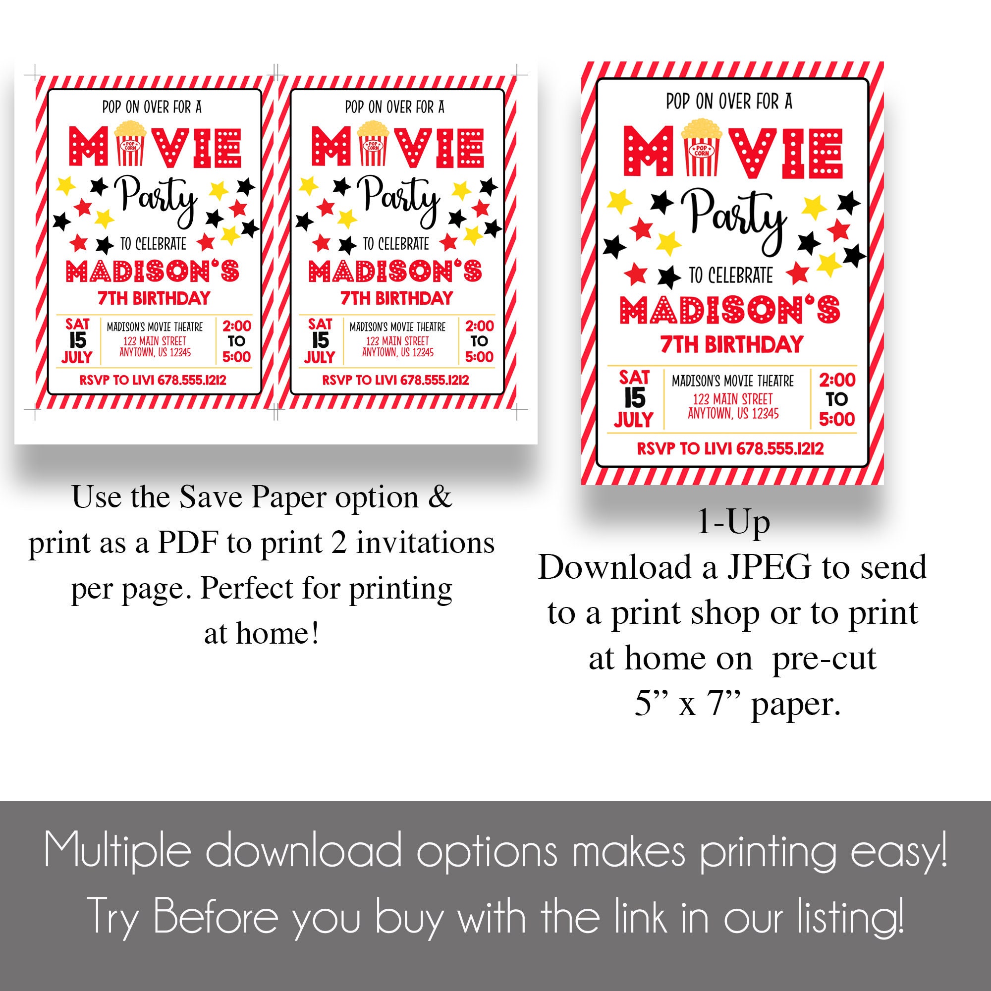 Editable Movie Birthday Party Invitation | Pop Over for a Movie Party ...