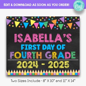 Editable Pastel First Day of Fourth Grade  Day of School Sign | Printable Chalkboard Back to School Photo Prop | 4th Grade Photo Prop