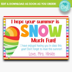 EDITÁVEL eu espero que seu verão seja neve muito Cartão Postal | cartão postal de Snowcone para crianças | fim do cartão imprimível da escola cartão postal | Dois tamanhos