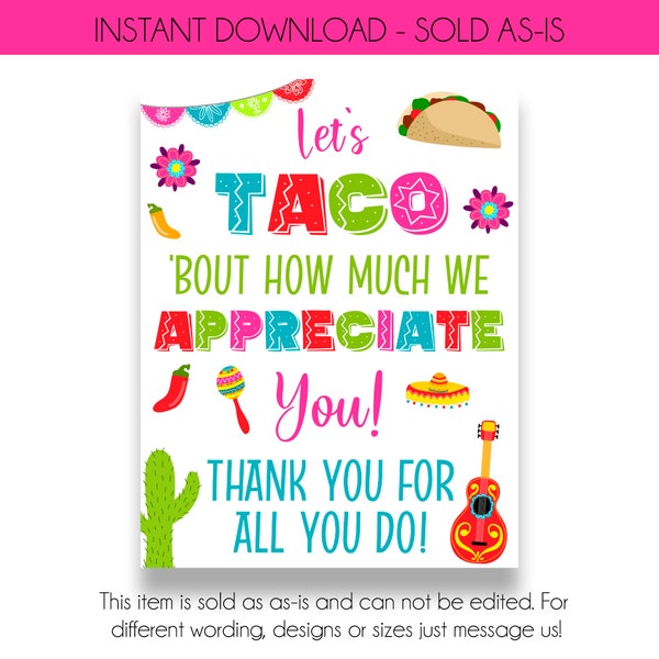 INSTANT DOWNLOAD | Taco Appreciation Lunch Sign | Let's Taco 'Bout How Much We Appreciate You Printable | Staff Appreciation Lunch