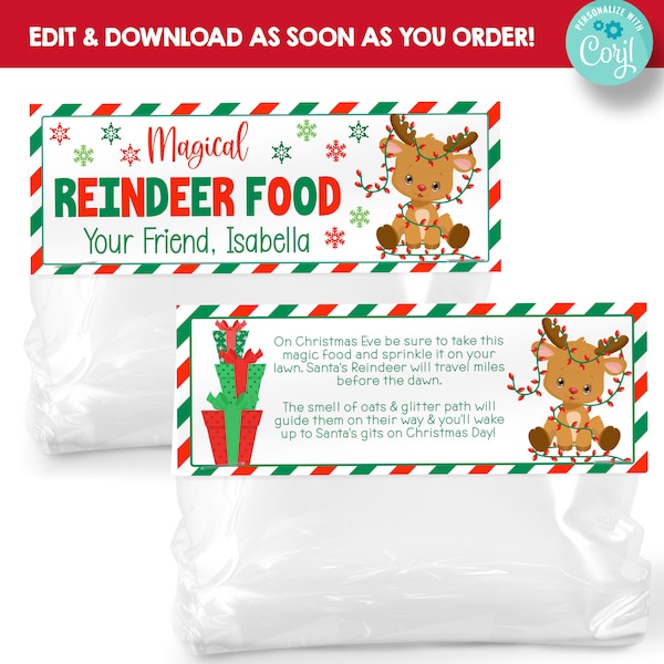 EDITABLE Reindeer Food Bag Topper | Magic Reindeer Food Christmas Tags | Kids Christmas Treat Tags | Christmas Reindeer Bag Toppers