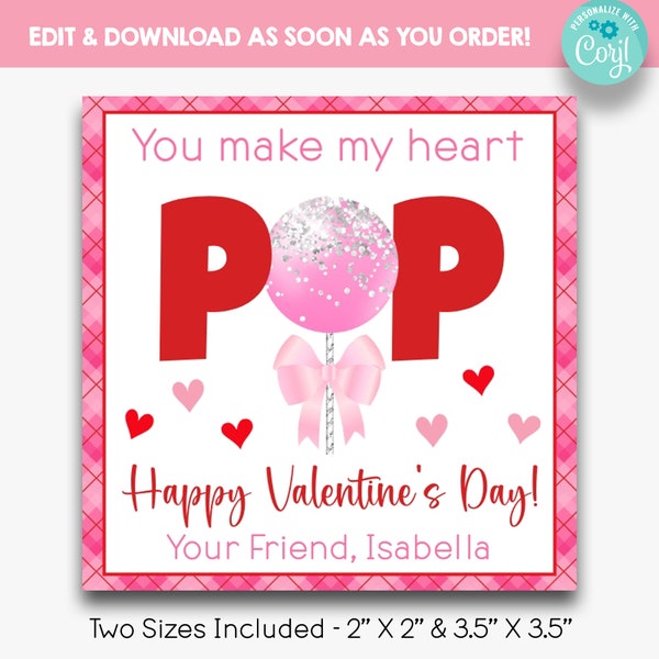 EDITABLE Cake Pop Valentine Gift Tag | You Make My Heart Pop Valentine's Treat Tags | Cake Pop Treat Tag | Printable Class Valentines