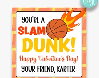 May include: A Valentine's Day card with a basketball on fire and the text "You're a Slam Dunk! Happy Valentine's Day! Your Friend, Karter".