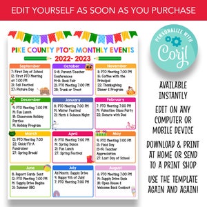 EDITABLE PTO Yearly Calendar of Events | PTO Calendar of School Events Template | Yearly Event Flyer