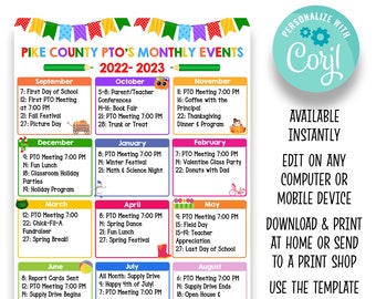 PTO MODIFICABILE Calendario annuale degli eventi / Modello di calendario pto degli eventi scolastici / Volantino annuale degli eventi
