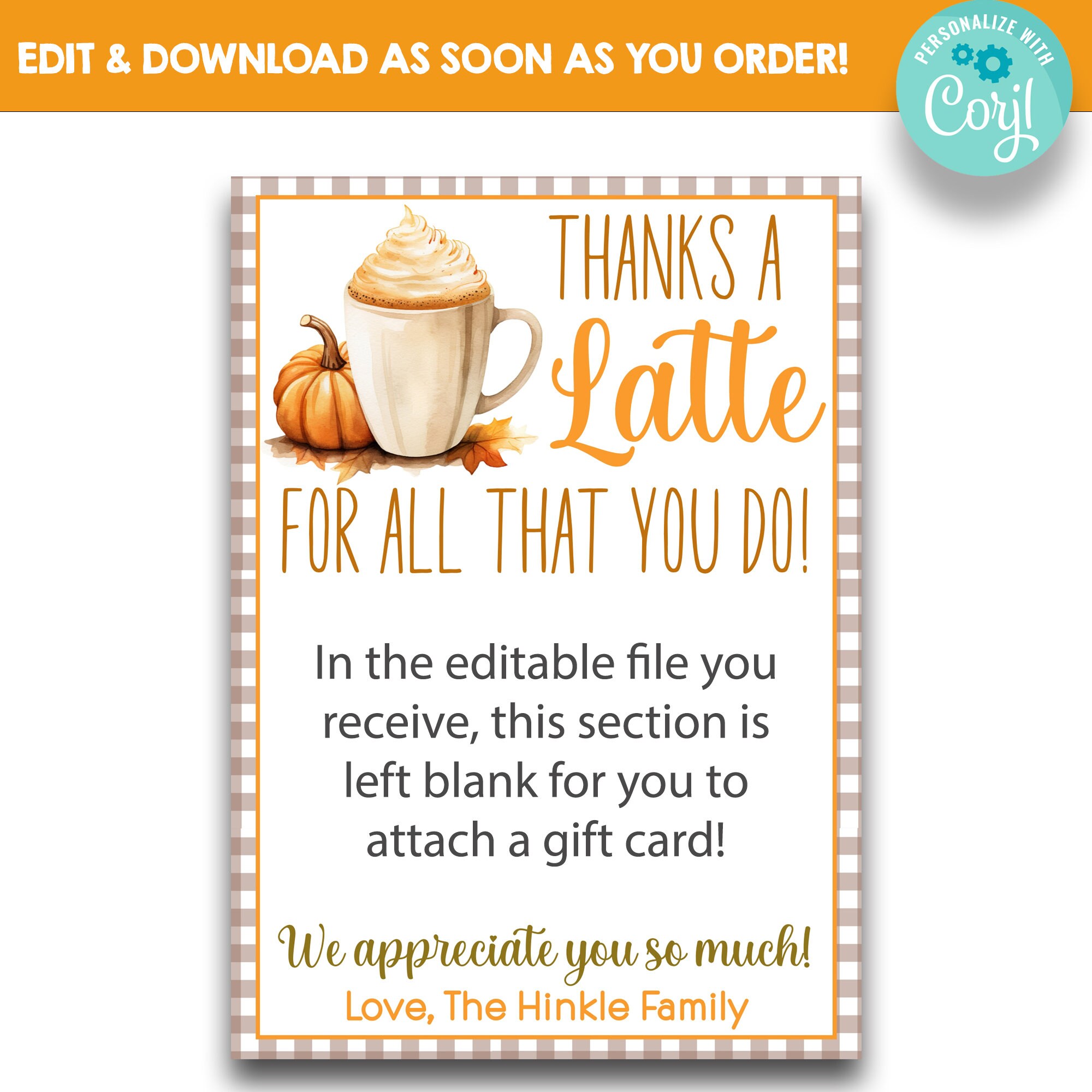 EDITABLE Thanks a Latte for All You Do Gift Card Holder | Fall Themed ...