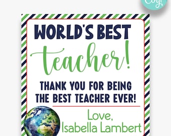 EDITABLE Mejor Maestro en la Etiqueta de Regalo World Square / Etiqueta de Regalo de Apreciación del Maestro / Etiqueta de Regalo de Fin de Año para Maestro / Etiquetas Imprimibles