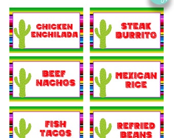 BEWERKBARE Mexicaanse Fiesta voedseltentlabels | Plaatskaarten met Mexicaans thema | Afdrukbare Mexicaanse buffetvoedselborden | Taco Bar Voedseletiketten