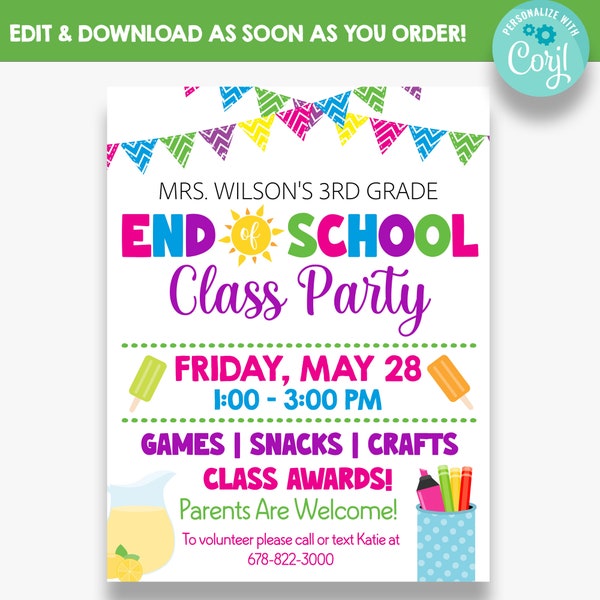 EDITABLE End of School Class Party Flyer | Room Moms Class Party | Printable End of Year Class Party Information Flyer