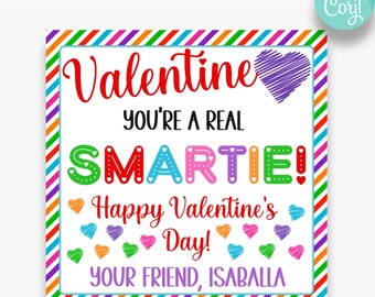 May include: A colourful Valentine's Day card with the text "Valentine You're a Real SMARTIE! Happy Valentine's Day! Your Friend, Isaballa" and a purple heart.