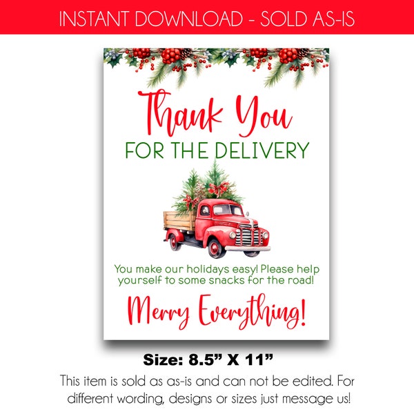 INSTANT DOWNLOAD | Christmas Delivery Driver Thank You Sign | Christmas Delivery Driver Snack Sign | Mail Carrier Thank You Sign