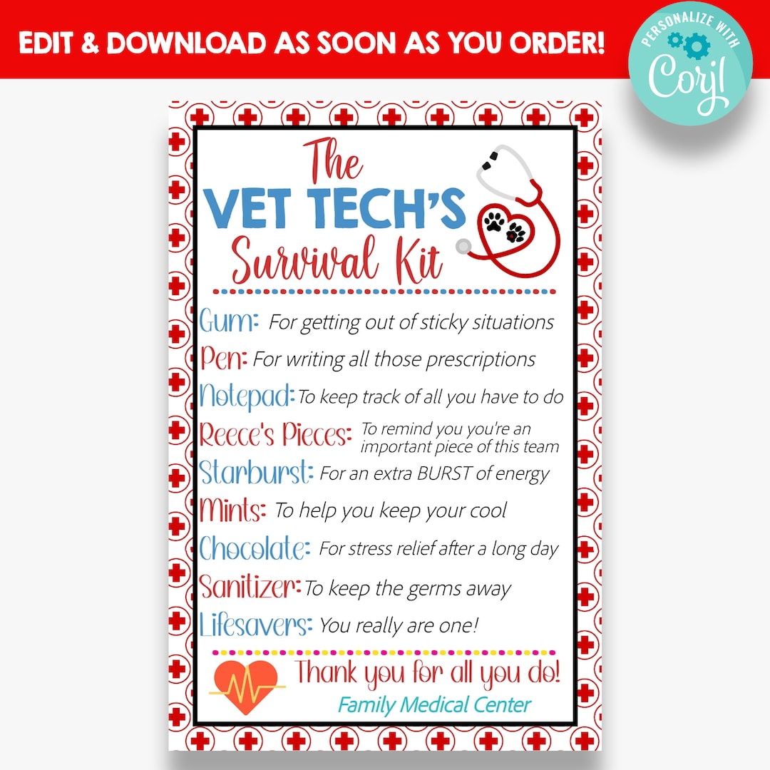 EDITABLE Vet Tech's Survival Kit Gift Tag Vet Tech Thank You Gift Tag