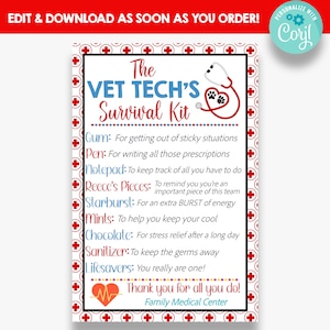 EDITABLE Vet Tech&#39;s Survival Kit Gift Tag | Vet Tech Thank You Gift Tag | Animal Doctor Survial Kit Favor Labels | Printable