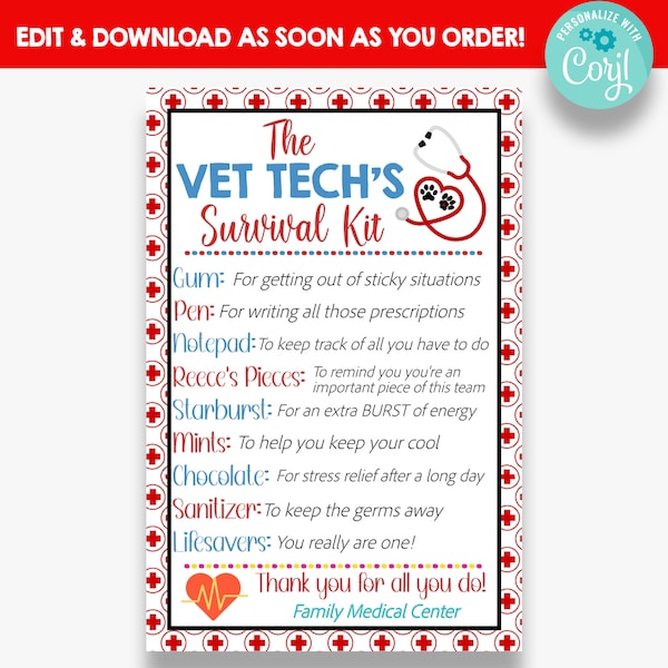 EDITABLE Vet Tech's Survival Kit Gift Tag | Vet Tech Thank You Gift Tag | Animal Doctor Survial Kit Favor Labels | Printable