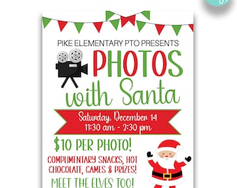 May include: A red and green flyer with a cartoon Santa Claus and a camera. The text reads "Pike Elementary PTO Presents Photos with Santa" and "Saturday, December 14, 11:30 am - 2:30 pm".