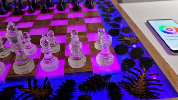 Floating Chess from Oak and Epoxy Resin with LED 