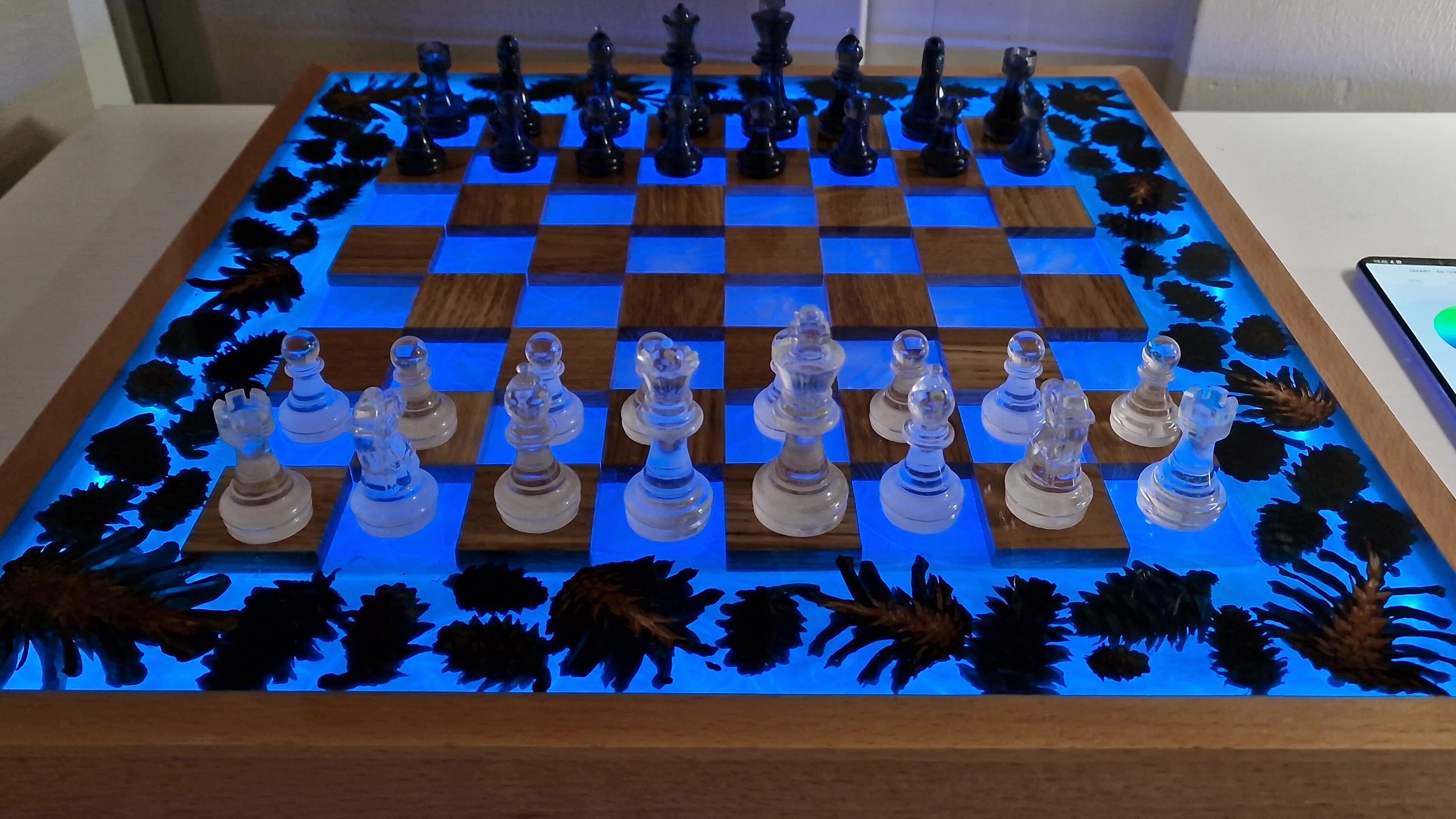 Floating Chess from Oak and Epoxy Resin with LED 