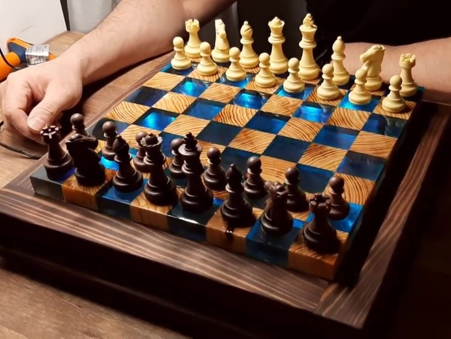 Floating Chess from Oak and Epoxy Resin with LED 