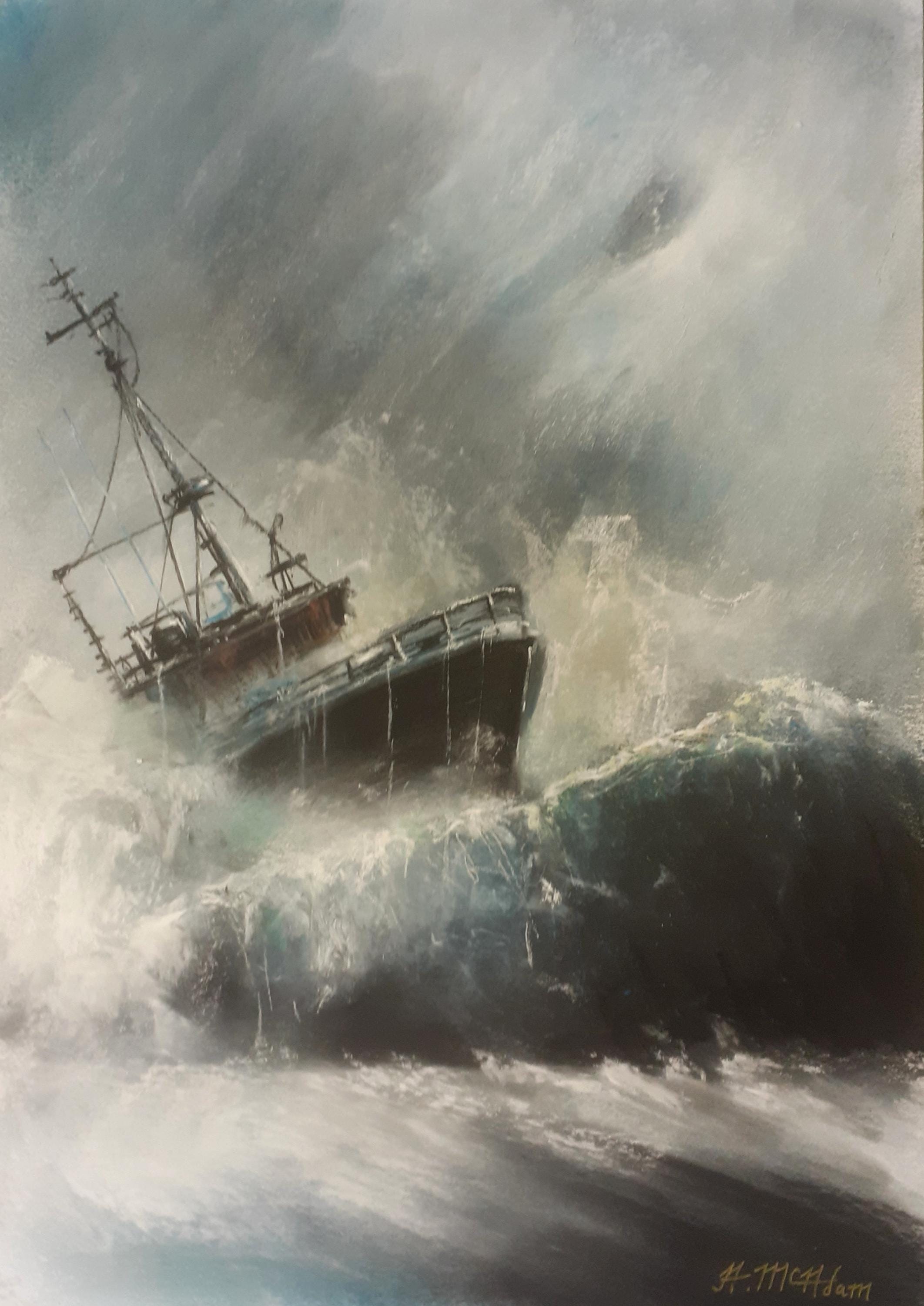 Fishing boat in rough sea. Original signed seascape art by Andrew McAdam. Size A3.