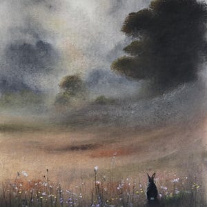 May include: Watercolour painting of a field at dusk. A dark rabbit faces away from the viewer, amidst wildflowers. The sky is overcast with shades of grey and brown, and a large tree is on the right.