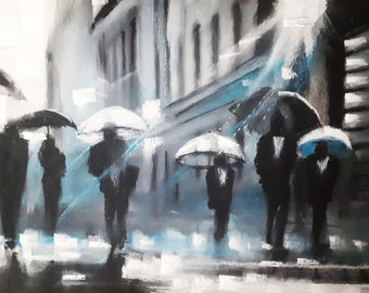 Original signed wet charcoal and pastel art by Andrew McAdam. 'Umbrella people'. Unframed, size A3.
