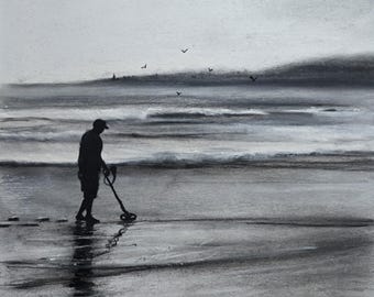 O detectorista. Obra de arte original assinada por Andrew McAdam. Sem moldura, tamanho A3, 42 cm por 29,7 cm.