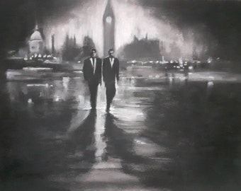 Original signed wet charcoal and pastel art by Andrew McAdam. '1963'. Large size 420mm by 594mm. Unframed.