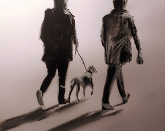 Walking the dog. Original signed charcoal art by Andrew McAdam. Unframed, size A3.