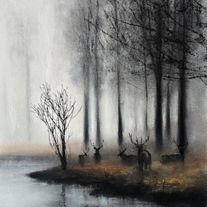 May include: A charcoal drawing of a misty forest scene with a lake in the foreground. Silhouetted trees and several deer with antlers are visible. The artwork is signed in the lower right corner.
