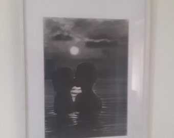 Original signed wet charcoal and pastel art by Andrew McAdam. 'Night swimming'. Unframed, size A3.