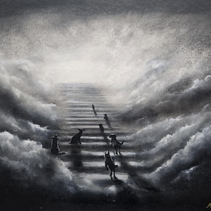 May include: A monochrome painting shows a stairway leading upwards, with dogs walking towards a bright light. The artwork features a dramatic sky filled with swirling clouds, creating a sense of depth and emotion. The dogs are silhouetted against the light.