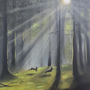 May include: A pastel drawing of two brown rabbits leaping across a green forest floor. Tall dark tree trunks frame the scene, while bright white sunbeams filter through the canopy from the upper right, illuminating the grassy ground below.