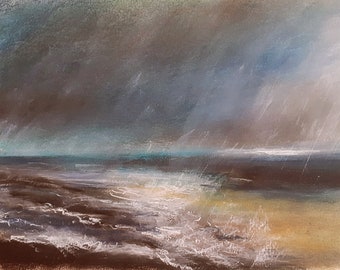 Seashore rain. Original signed abstract landscape by Andrew McAdam. Unframed, size A3.