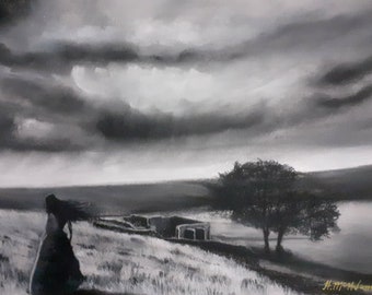 Original signed wet charcoal and pastel art by Andrew McAdam. 'Wuthering Heights'. Large size 420mm by 594mm. Unframed.