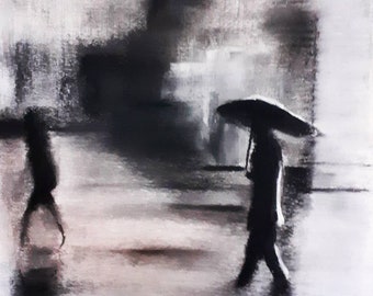 Original signed wet charcoal and pastel art by Andrew McAdam. 'Passers by'. Unframed size A3. 297mm by 420mm.